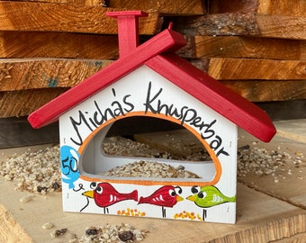 Gift round birthday with name and number - Original bird villa, weatherproof & hand-painted - with fireplace