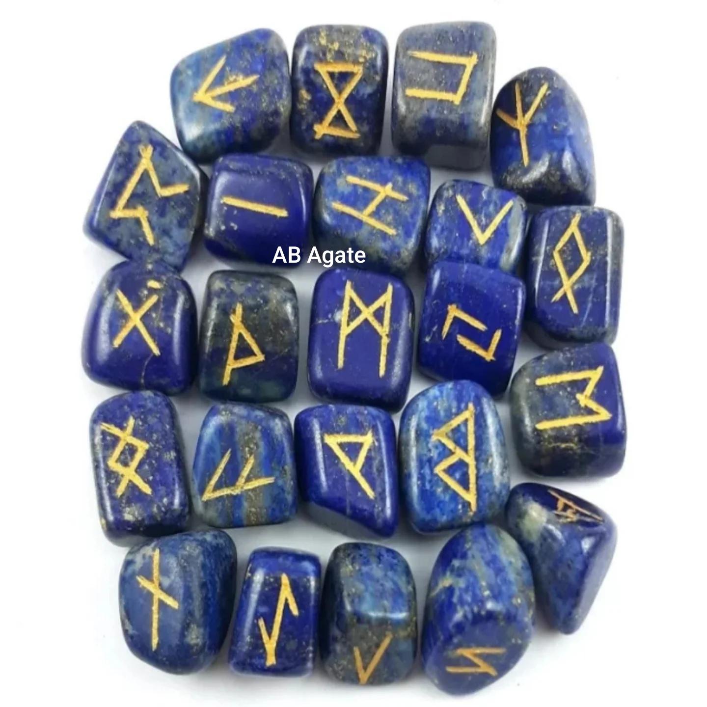 Wizards Runes Grid Lapis Lazuli Engraved Rune Set,tumbled Viking 25 Pcs Rune Stones Set ...