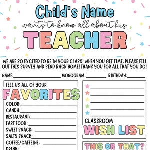 Customizable Teacher Favorites Form Personalized with Your Child&#39;s Name