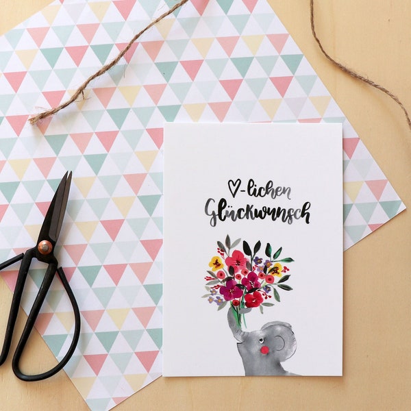 Postkarte "Herzlichen Glückwunsch", Blumenstrauß, Elefant, Handlettering, Aquarelle, Watercolor, Geburtstagskarte, Geburtstagsgeschenk