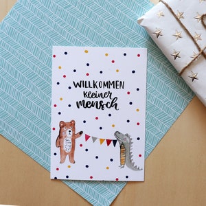 Postkarte" Willkommen kleiner Mensch", Karte zur Geburt, Geburt, Schwangerschaft, Aquarelle, Handlettering, Baby, Geschenk Geburt