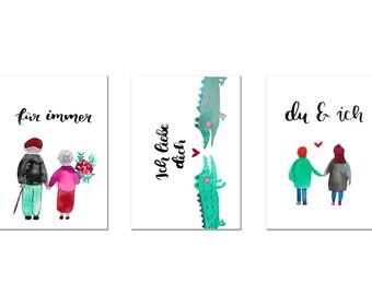 Lot de 3 cartes postales "Je t'aime", amour, jour de mariage, anniversaire