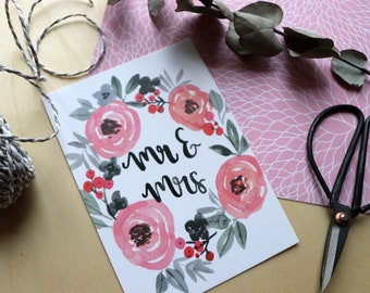 Postkarte "Mr & Mrs", Hochzeitstag, Hochzeit, Verlobung, Handlettering, Watercolor, Blumen, Brautpaar