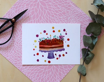 Postkarte "Geburtstagskuchen", Geburtstag, Karte zum Geburtstag, Geburtsagskuchen, Karte Aquarelle, Freundschaft, Bunt