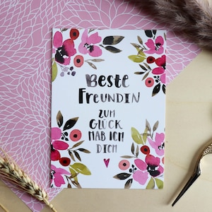 Postkarte "Beste Freundin", Freundschaft, Beste Freundin, Geschenkidee Geburtstag, Handlettering, Aquarelleblumen, Freundin, Beste Freunde