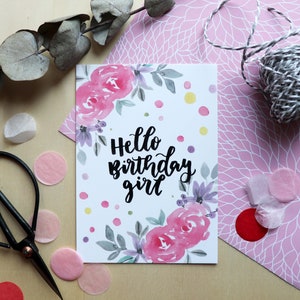 Postkarte "Hello Birthdaygirl", Geburtstagkarte, Geburtstagsgruß, Handlettering, Geburtstagskarte Frau, Geschenkidee Freundin, Freundschaft