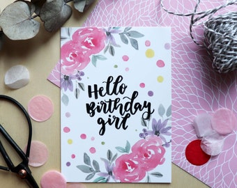 Postkarte "Hello Birthdaygirl", Geburtstagkarte, Geburtstagsgruß, Handlettering, Geburtstagskarte Frau, Geschenkidee Freundin, Freundschaft