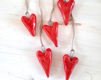 Magical handmade gift tags, bulbous ceramic heart, ceramic heart, set of 5, red with eyelet, heart pendant, glazed on both sides