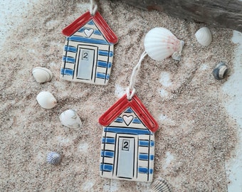 Mediterranean decoration, beach house 2, ceramic, set of 2, handmade ceramic hangers, with natural ribbon, red/blue/white with heart and light blue door