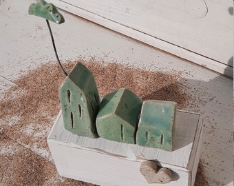 3 ceramic houses with heart fixed on wood, unique, Seladon green, as pictured, stoneware frostproof, ceramic house, miniature house