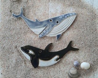 Humpback whale and orca/killer whale, ceramic, set of 2, whale, handmade ceramic hangers, with ribbon for hanging. What wonderful animals!