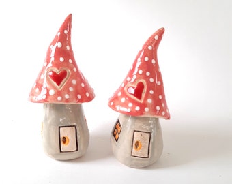 Petites maisons de gnomes, céramique, lot de 2, gris/rosé, maison naine, maison miniature, maison naine, bouchon de fleurs, maison de gnomes, décoration printanière