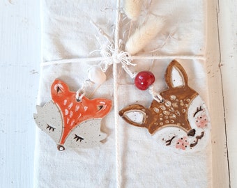 Ceramic hangers, deer and little fox, set of 2, 1 piece each, decoration for children's room, handmade, with ribbon for hanging