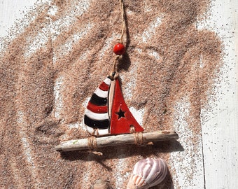 Gift tag, ceramic, sail with driftwood and pearl, handmade, glaze colors white/red/black, Mediterranean decoration, ceramic hanger