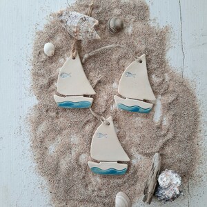 Mediterranean Decor Ceramic Hanger Sailboat with Fish Sail Set of 3 Handmade Glaze Colors Natural/White/Blue