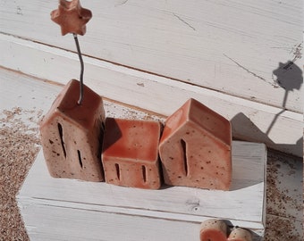 3 ceramic houses with heart fixed on wood, unique, color apricot, stoneware frostproof, handmade, ceramic house, miniature house