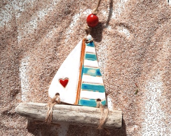 Gift tag, ceramic, sail with driftwood and pearl, handmade, glaze colors white/light blue, Mediterranean decoration, ceramic hanger