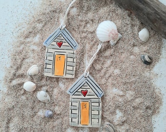 Mediterranean decoration, beach house 1, ceramic, set of 2, handmade ceramic hangers, with ribbon natural, grey/white/light blue with heart and yellow door