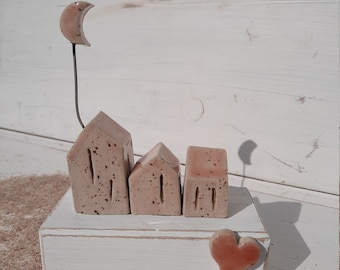 3 ceramic houses with heart fixed on wood, unique, rosé, as pictured, stoneware frostproof, handmade, ceramic house, miniature house