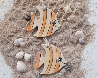 South Sea Fish Ceramic Set of 2 Ceramic Fish Glaze Colors: Natural/Mandarin/Speckled Handmade Ceramic Hangers with Ribbon Natural
