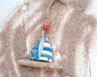 Gift tag, ceramic, sail with driftwood and pearl, handmade, glaze colors white/light blue Mediterranean decoration, ceramic hanger