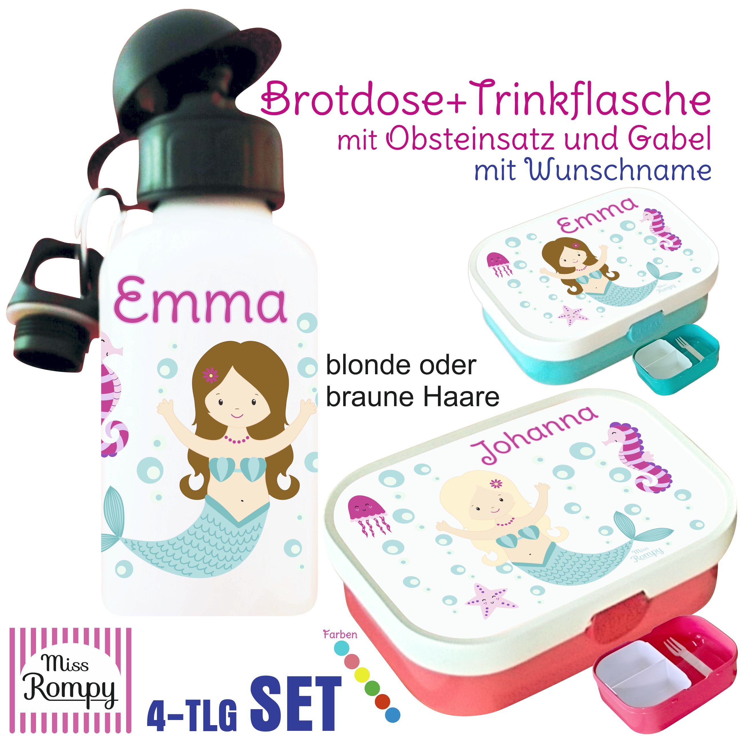MEERJUNGFRAU 796 Brotdose Flasche oder Set mit Name | Etsy