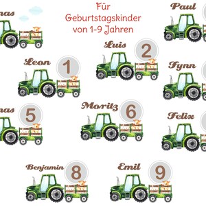 May include: Watercolor illustrations of green tractors with trailers, each labeled with a name and a number from 1 to 9. The text "F&uuml;r Geburtstagskinder von 1-9 Jahren" is also present.