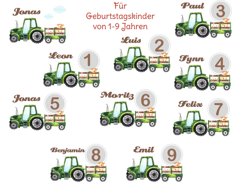 May include: Watercolor illustrations of green tractors with trailers, each labeled with a name and a number from 1 to 9. The text "F&uuml;r Geburtstagskinder von 1-9 Jahren" is also present.