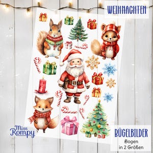 Könnte beinhalten: Ein Bogen mit weihnachtlichen Bügelbildern mit Aquarellillustrationen. Das Design umfasst den Weihnachtsmann, Eichhörnchen, einen Fuchs, Weihnachtsbäume, Geschenke, Schneeflocken und Zuckerstangen. Der Text "WEIHNACHTEN" und "BÜGELBILDER" sind sichtbar.