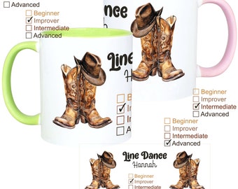 Line Dance Tasse (690) Cowboy-Stiefel mit NAME Beginner Improver Intermediate Advanced Western Tanz Cowboy Boots personalisiert