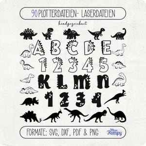 May include: Black and white dinosaur-themed digital design elements. Includes dinosaur silhouettes, letters A-N, and numbers 1-5. The text at the top reads "90 PLOTTERDATEIEN- LASERDATEIEN" and "handgezeichnet". The bottom text reads "FORMAT: SVG, DXF, PDF & PNG".