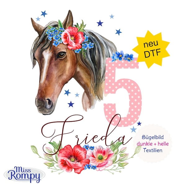 MissRompy | DTF Bügelbild Pony (659) mit und ohne Geburtstagszahl Pferd Name Wunschname Geburtstag Bügelbild Geburtstagsbügelbild Mädchen