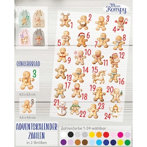 Könnte beinhalten: Adventskalenderzahlen mit Lebkuchenmännern und festlichen Designs. Die Zahlen 1-24 sind in verschiedenen Größen und Farben dargestellt. Der Text enthält "GINGERBREAD" und "ADVENTSKALENDER ZAHLEN" in zwei Größen.