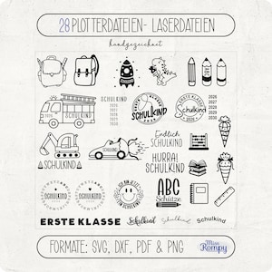 Puede incluir: Ilustraciones en blanco y negro para diseños escolares. Incluye imágenes de mochila, camión de bomberos, cohete, dinosaurio, lápices y texto que dice "ERSTE KLASSE" y "SCHULKIND". Disponibles en formatos SVG, DXF, PDF y PNG.