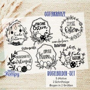 Könnte beinhalten: Fünf Bügelbilder mit Osterkränzen mit Hasen, Eiern und dem Text "Frohe Ostern". Die Designs sind auf einer transparenten Folie mit dem Text "Bügelbilder-Set" und "5 Motive".