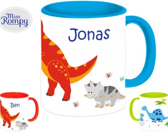 Tasse (875) Dino mit NAME und Themendruck Dinosaurier Dinos Tasse Kindertasse Becher Katzentasse passend zu Rucksack und Brotdose