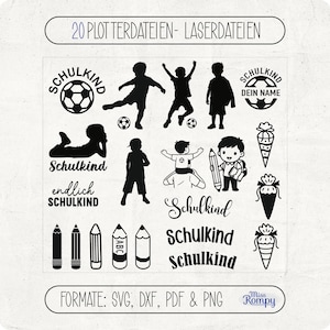 Peut inclure: Fichiers de découpe numérique en noir et blanc avec des motifs sur le thème de l'école. Comprend des silhouettes d'enfants jouant au football, des fournitures scolaires et le texte "Schulkind". Formats : SVG, DXF, PDF et PNG.