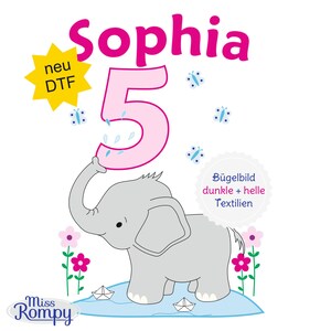 MissRompy | Elefant, (802), Geburtstagsbügelbild, Name, Patch, Zahl, 3 Größen, Aufbügeln, Bügelbild,  Aufbügler, Applikation, Bügelsticker