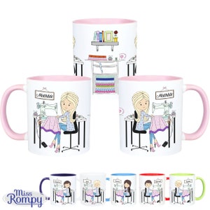 MissRompy 765 Nähmachine Namen Tasse Stoffe Geburtstagsgeschenk Namentasse Nähmaschine Nadel Faden Maßband Schere Keramiktasse mit NAMEN Bild 1