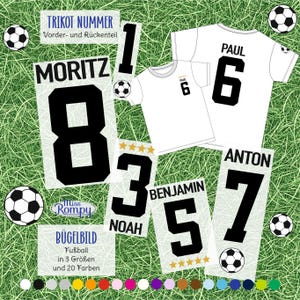 Könnte beinhalten: Ein Set aus Bügelbildern für Sporttrikots mit Namen und Nummern in schwarzer Blockschrift. Das Set enthält weiße T-Shirt-Vorlagen mit dem Namen Paul und der Nummer 6 sowie einzelne Bügelbilder für Moritz 8, Noah 3, Benjamin 5 und Anton 7.