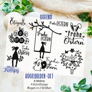 Könnte beinhalten: Eine Auswahl an schwarz-weißen Bügelbildern zum Thema Ostern. Die Designs umfassen Hasensilhouetten, die Worte "Frohe Ostern" und andere Ostermotive. Der Text "BÜGELBILDER-SET" ist ebenfalls sichtbar.