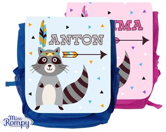 MissRompy | Waschbär (791)  Rucksack mit Name, Kinderrucksack, Kindertasche, Kindergartenrucksack, Kiga, Kita, passend zu Brotdose + Beutel