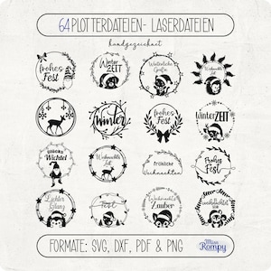 May include: A collection of 16 black and white Christmas-themed digital designs. Each design is a circular wreath with festive text and illustrations, including deer, snowmen, and the words "Frohes Fest" and "Winter Zeit". The image also includes file formats.