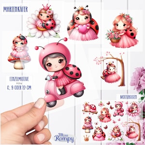 Könnte beinhalten: Ein Set mit digitaler Clipart mit niedlichen Cartoon-Marienkäfern mit rosa Kleidern und Kronen. Die Marienkäfer sind in verschiedenen Posen, darunter auf einem Roller fahren, auf einem Pilz sitzen und auf einer Schaukel schaukeln. Die Clipart ist perfekt, um Ihren digitalen Projekten einen Hauch von Verspieltheit zu verleihen.