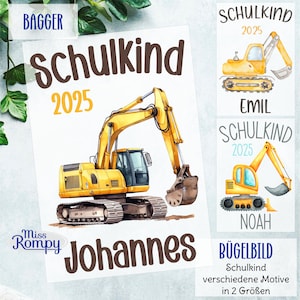 Peut inclure: Transfer thermocollant représentant une pelleteuse jaune avec le texte "Schulkind 2025" et le nom "Johannes". Le motif comprend également le texte "Bügelbild Schulkind verschiedene Motive in 2 Größen".