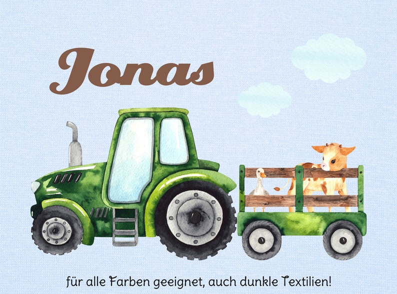 May include: Watercolor illustration of a green tractor pulling a wagon with a cow and a goose. The name "Jonas" is written in brown script above the tractor. Light blue background with white clouds.