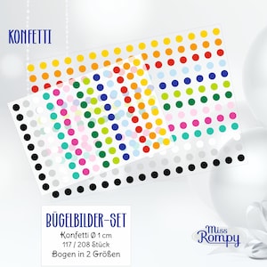 Może przedstawiać: Arkusz kolorowych naklejek z konfetti z różnymi kolorami kropek, w tym żółtym, pomarańczowym, czerwonym, zielonym, niebieskim, różowym i czarnym. Tekst "KONFETTI" znajduje się na górze, a "BÜGELBILDER-SET" na dole.