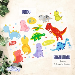 Peut inclure: Un ensemble de 11 autocollants de dinosaures à repasser avec 3 bulles de dialogue. Les dinosaures sont de différentes couleurs, notamment rouge, bleu, vert, jaune, violet et rose. Les bulles de dialogue disent "Rrr..." et "Rrrrrrr..."