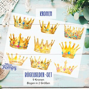 Peut inclure: Neuf couronnes dorées avec des joyaux colorés, feuille de transfert thermocollante, texte "Bügelbilder-Set", "9 Kronen", "Bogen in 2 Größen" et "Miss Rompy".