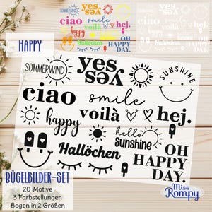 Könnte beinhalten: Ein Set mit 20 Bügelbildern mit Sommer-Motiv. Die Aufkleber zeigen verschiedene Sprüche und Designs in Schwarz, darunter "yes", "ciao", "smile", "happy", "voila", "hej", "sunshine", "hello", "hallochen" und "oh happy day".